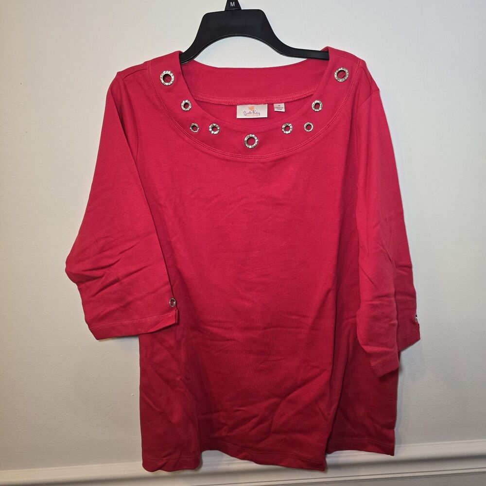 Quacker Factory Red Rhinestone Blouse Grommets Top Sz 1X Red 3/4 Sleeve Cotton